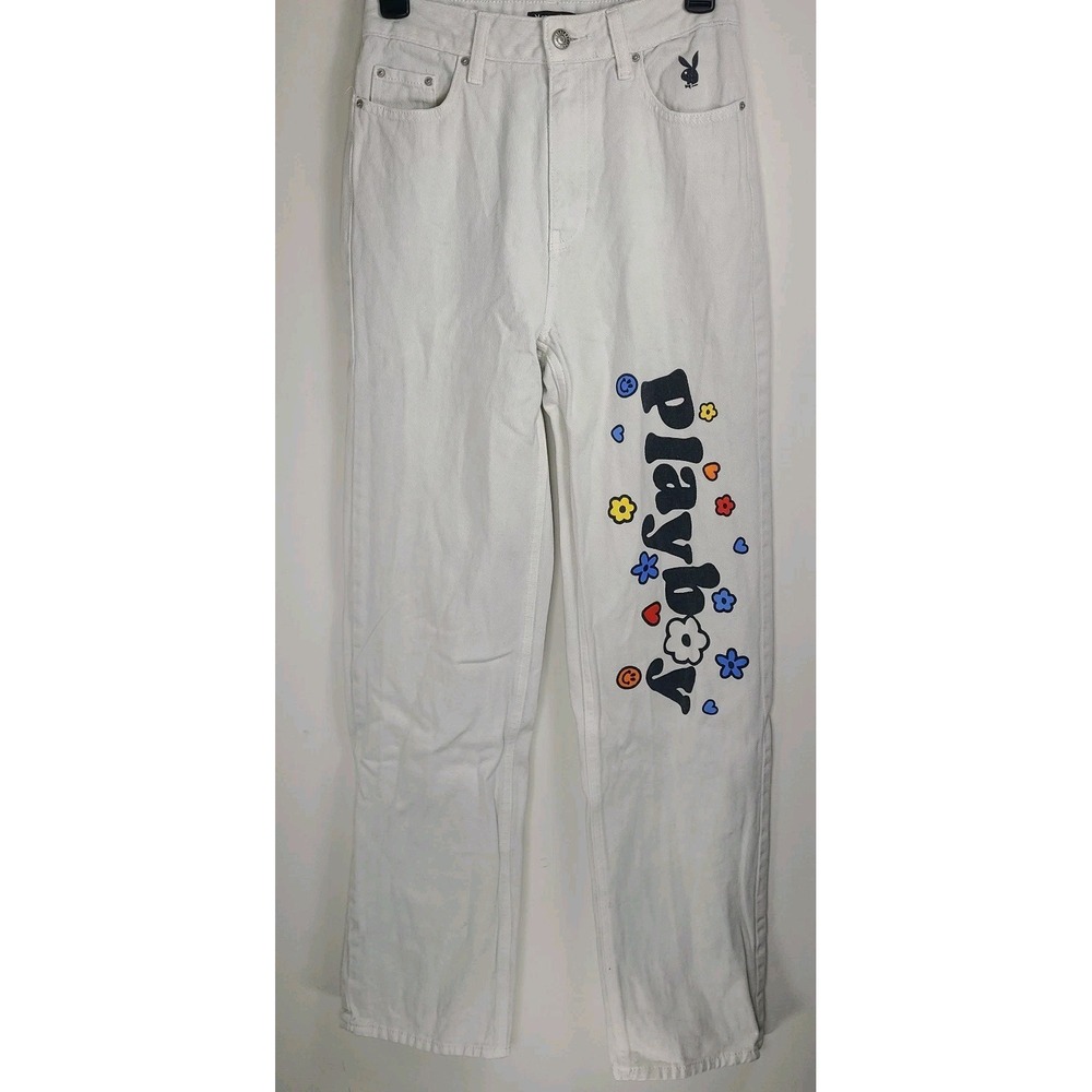 Playboy by PacSun Women's Jeans Size 25 White High Rise Straight Leg Floral Logo